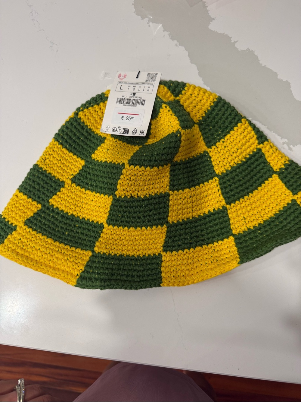 Zara Yellow & Green Check Knit Bucket Hat
